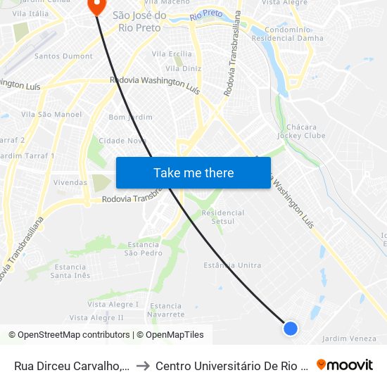 Rua Dirceu Carvalho, 889 to Centro Universitário De Rio Preto map