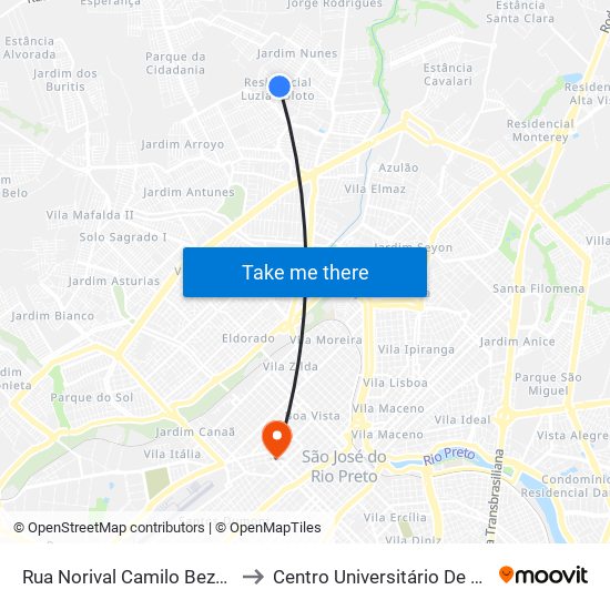 Rua Norival Camilo Bezerra, 885 to Centro Universitário De Rio Preto map