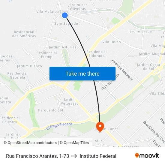 Rua Francisco Arantes, 1-73 to Instituto Federal map