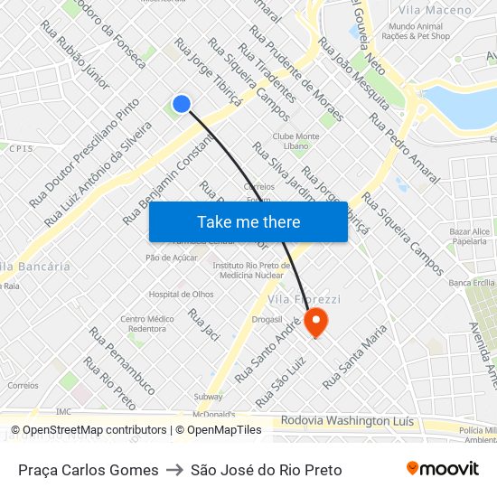 Praça Carlos Gomes to São José do Rio Preto map