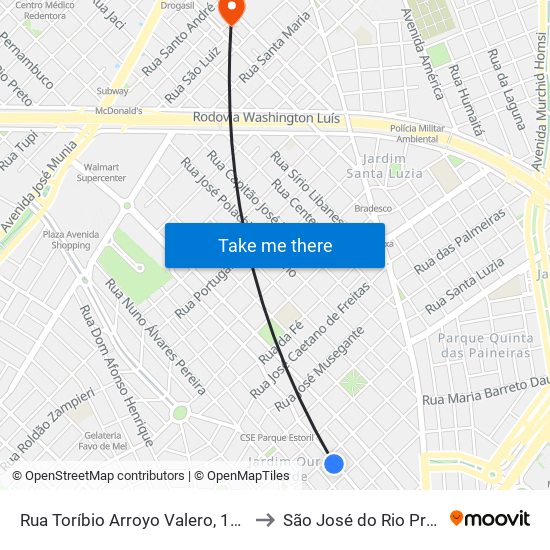 Rua Toríbio Arroyo Valero, 1866 to São José do Rio Preto map