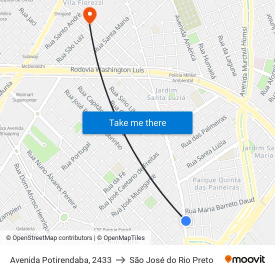 Avenida Potirendaba, 2433 to São José do Rio Preto map