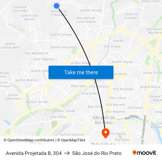 Avenida Projetada B, 304 to São José do Rio Preto map