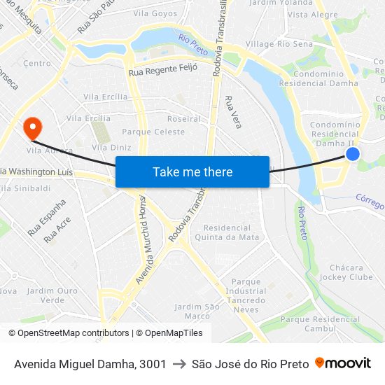 Avenida Miguel Damha, 3001 to São José do Rio Preto map