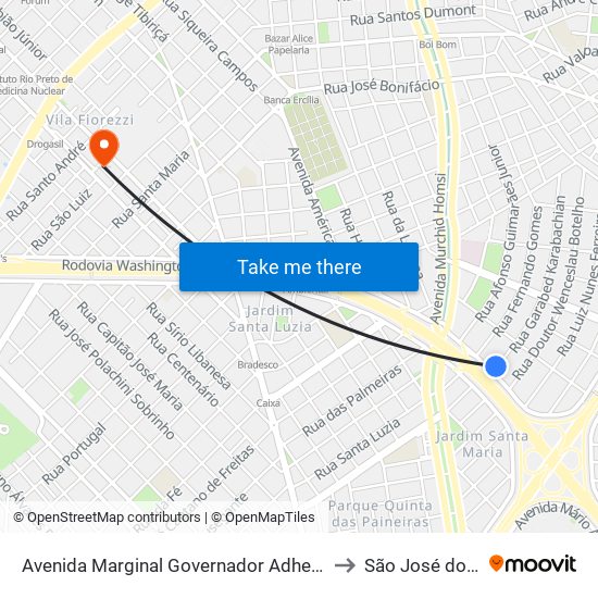 Avenida Marginal Governador Adhemar P. De Barros, 1270 to São José do Rio Preto map