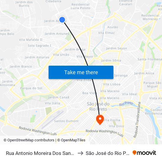 Rua Antonio Moreira Dos Santos, 2 to São José do Rio Preto map