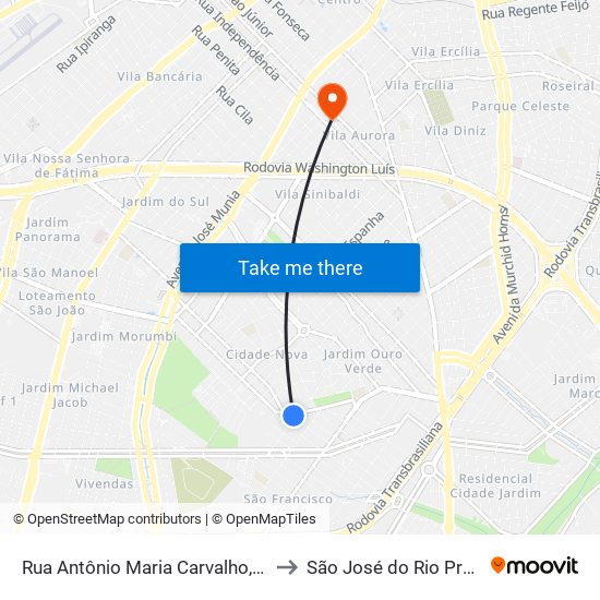 Rua Antônio Maria Carvalho, 66 to São José do Rio Preto map