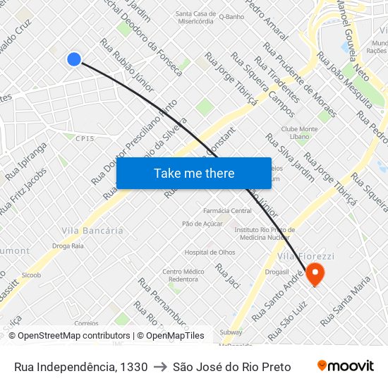 Rua Independência, 1330 to São José do Rio Preto map