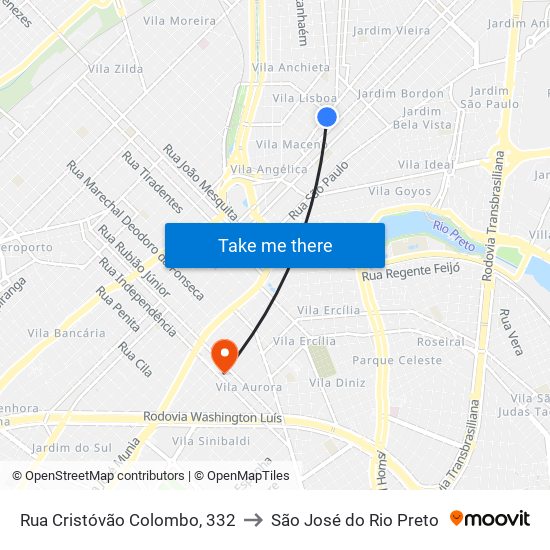 Rua Cristóvão Colombo, 332 to São José do Rio Preto map