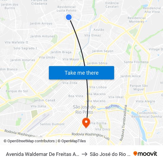 Avenida Waldemar De Freitas Assunção to São José do Rio Preto map