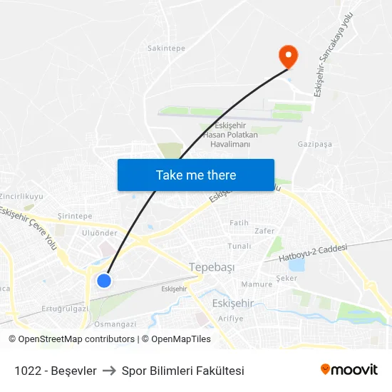 1022 - Beşevler to Spor Bilimleri Fakültesi map