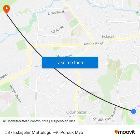 58 - Eskişehir Müftülüğü to Porsuk Myo map