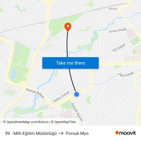 99 - Milli Eğitim Müdürlüğü to Porsuk Myo map