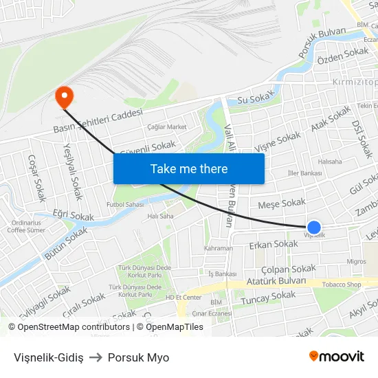 Vişnelik to Porsuk Myo map