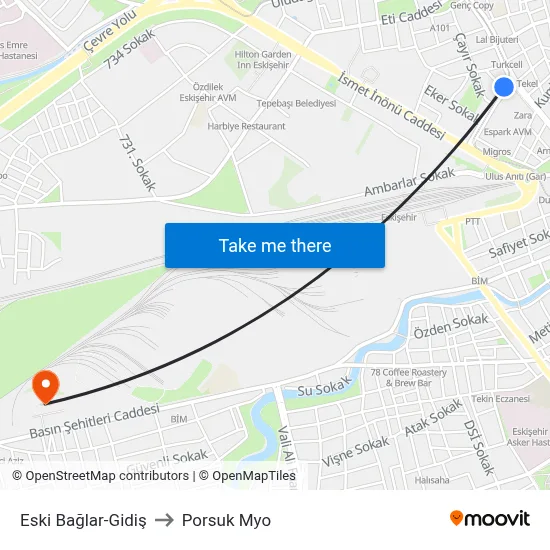 Eski Bağlar-Gidiş to Porsuk Myo map