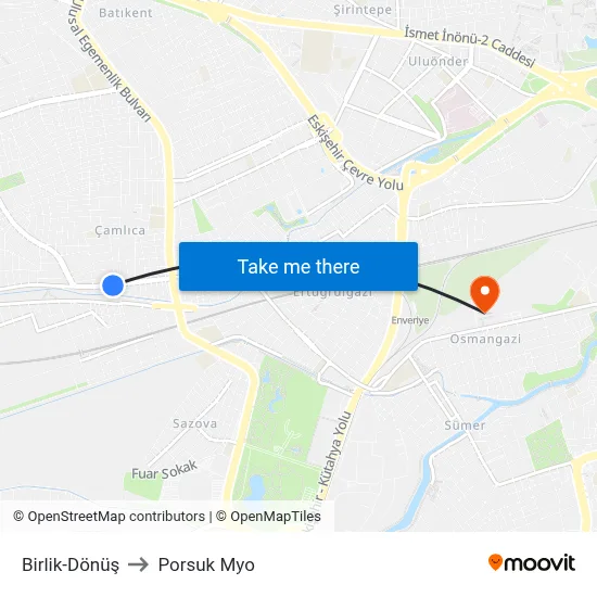 Birlik to Porsuk Myo map