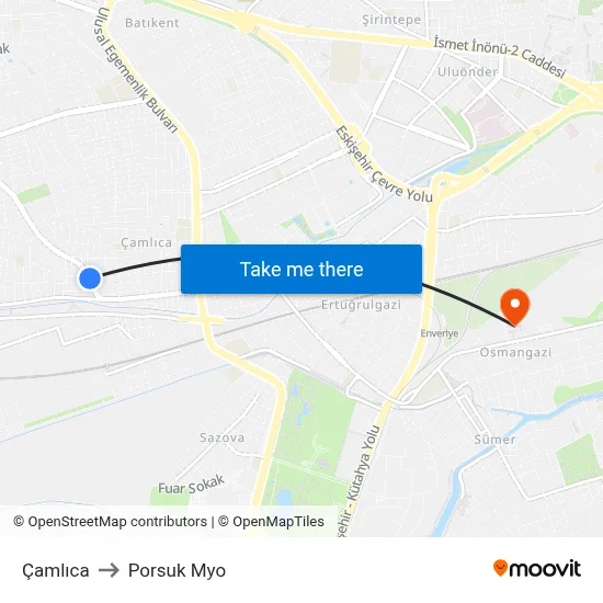 Çamlıca to Porsuk Myo map