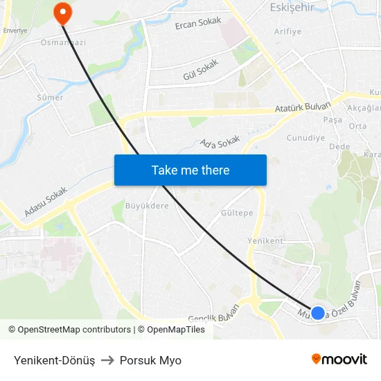 Yenikent to Porsuk Myo map