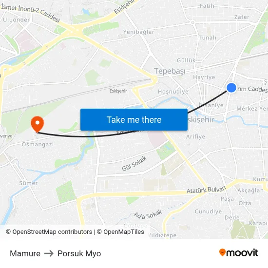 Mamure to Porsuk Myo map