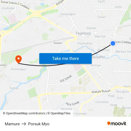 Mamure to Porsuk Myo map