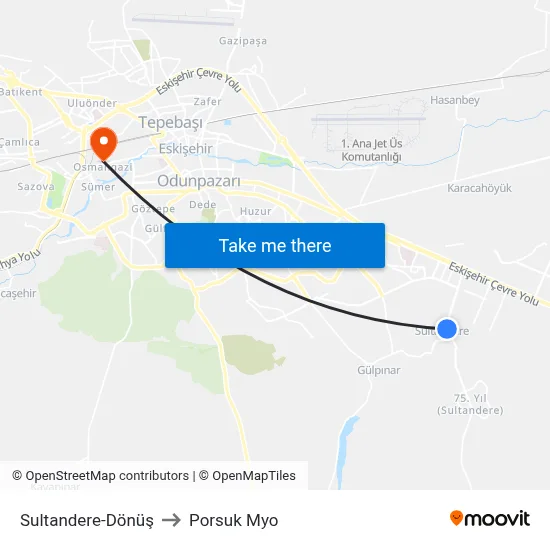 Sultandere to Porsuk Myo map