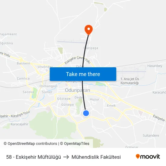 58 - Eskişehir Müftülüğü to Mühendislik Fakültesi map