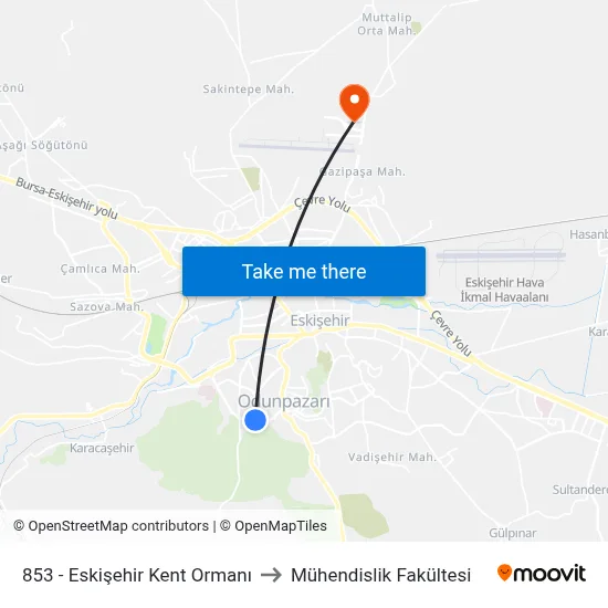 853 - Eskişehir Kent Ormanı to Mühendislik Fakültesi map