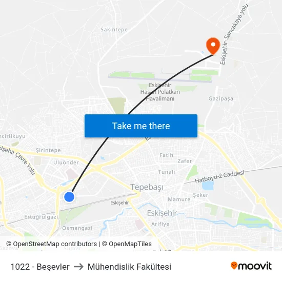 1022 - Beşevler to Mühendislik Fakültesi map