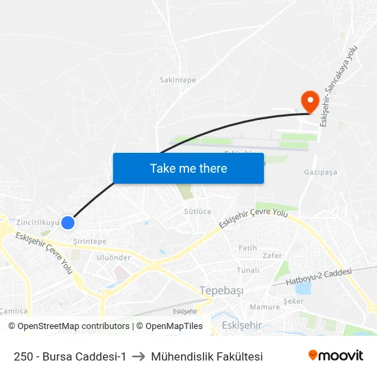 250 - Bursa Caddesi-1 to Mühendislik Fakültesi map
