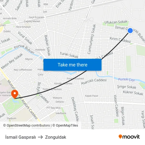 İsmail Gaspıralı to Zonguldak map