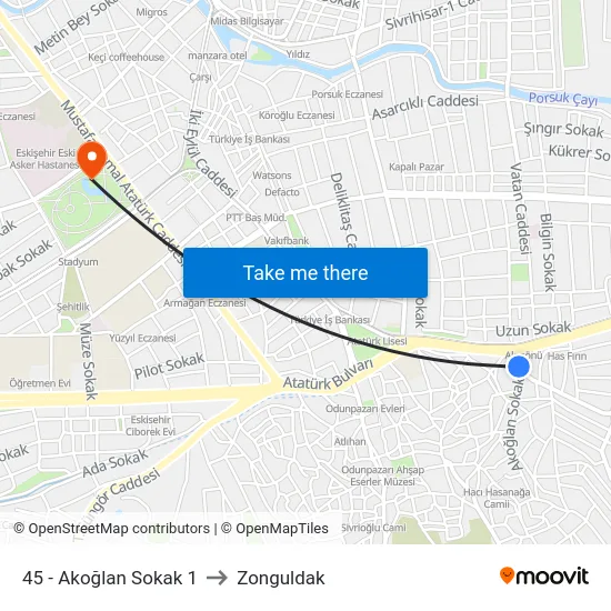 45 - Akoğlan Sokak 1 to Zonguldak map