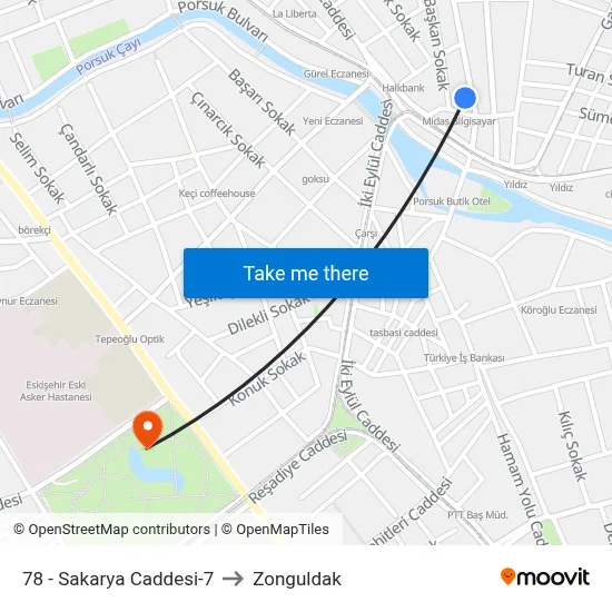 78 - Sakarya Caddesi-7 to Zonguldak map