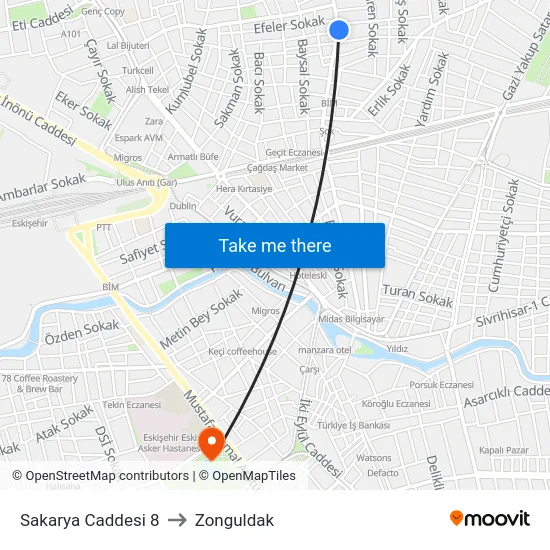 Sakarya Caddesi 8 to Zonguldak map