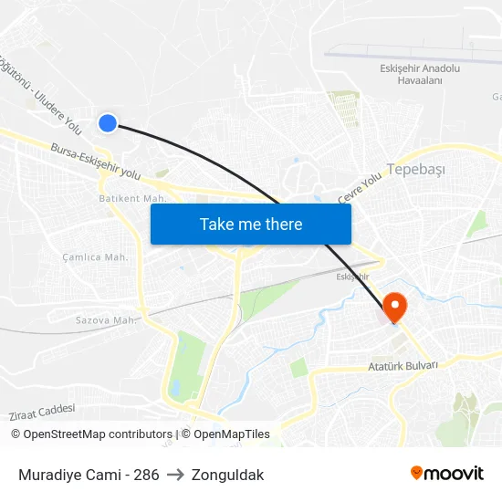 Muradiye Cami - 286 to Zonguldak map