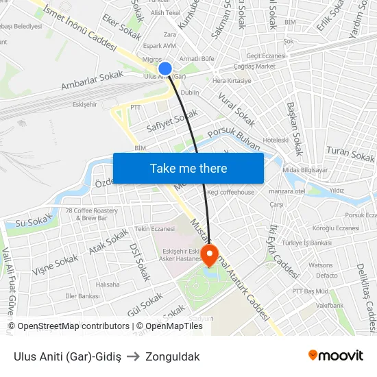 Ulus Aniti (Gar)-Gidiş to Zonguldak map