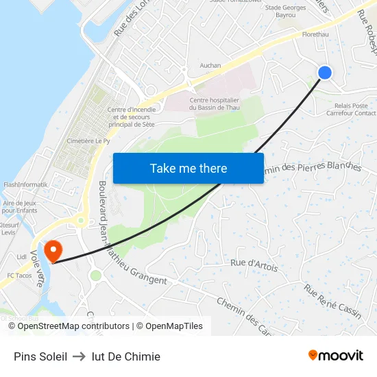 Pins Soleil to Iut De Chimie map