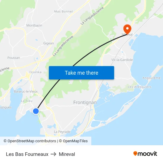 Les Bas Fourneaux to Mireval map