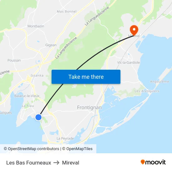 Les Bas Fourneaux to Mireval map