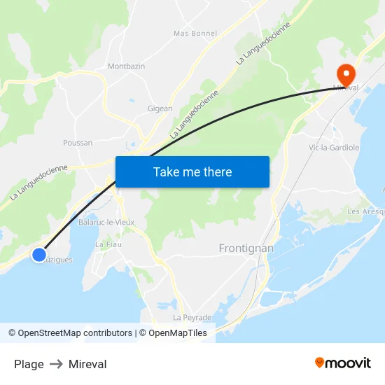 Plage to Mireval map