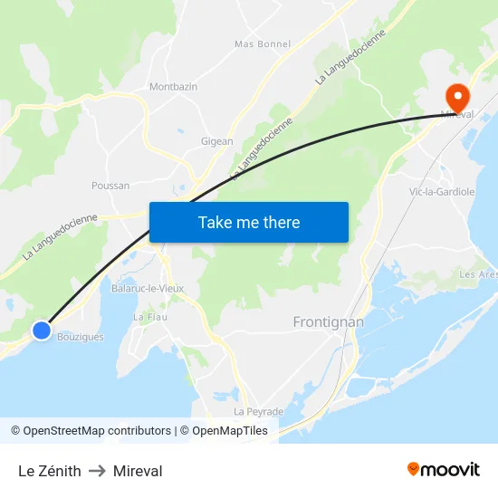 Le Zénith to Mireval map