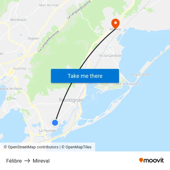 Félibre to Mireval map