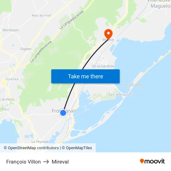 François Villon to Mireval map