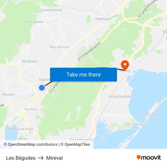 Les Bégudes to Mireval map