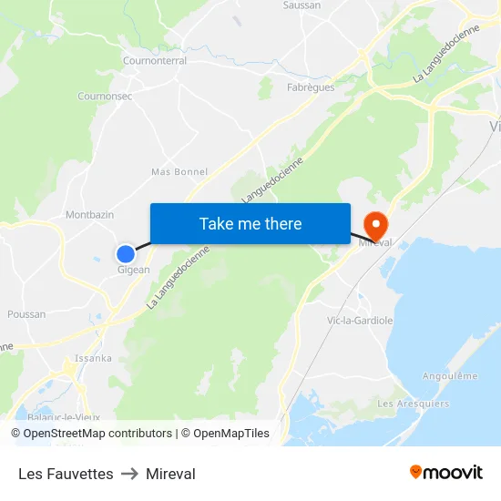 Les Fauvettes to Mireval map