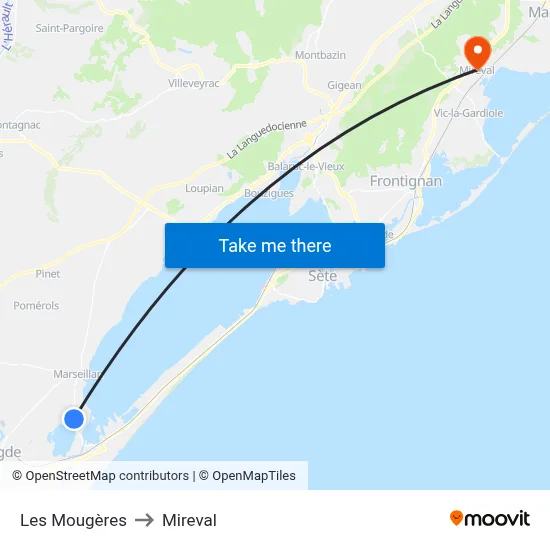 Les Mougères to Mireval map