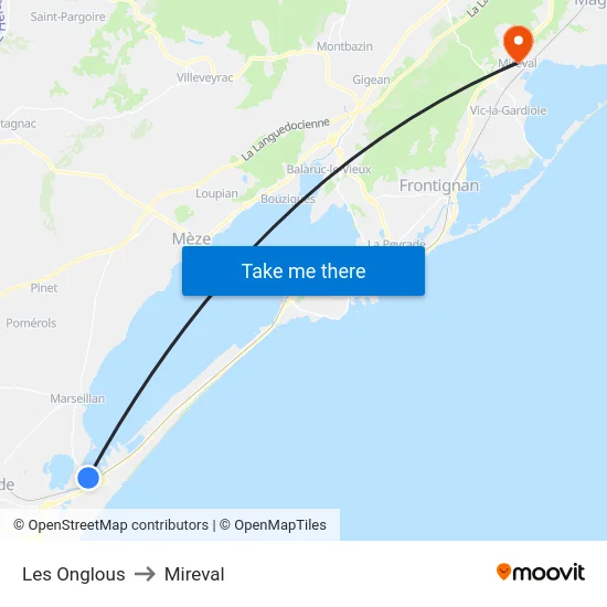 Les Onglous to Mireval map