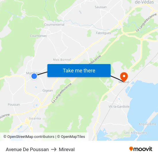 Avenue De Poussan to Mireval map