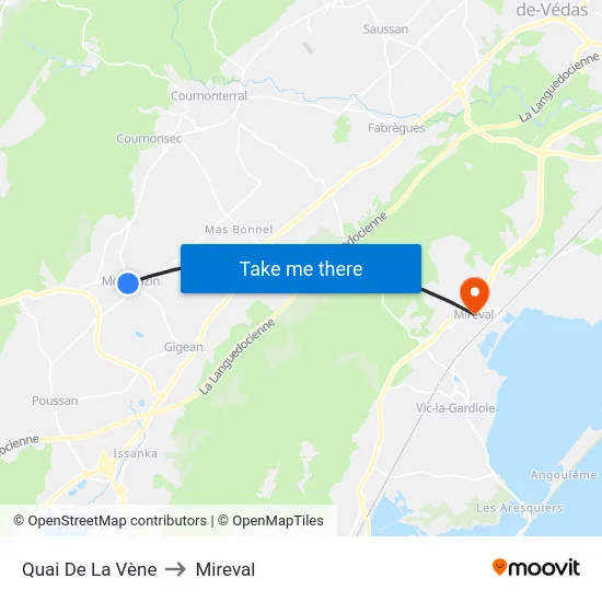 Quai De La Vène to Mireval map