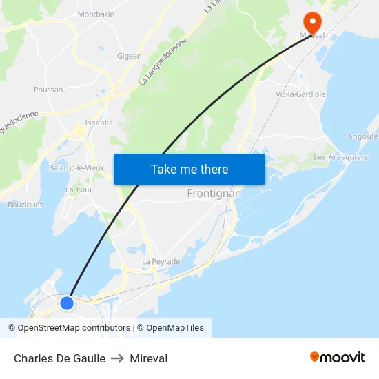 Charles De Gaulle to Mireval map