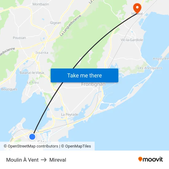 Moulin À Vent to Mireval map